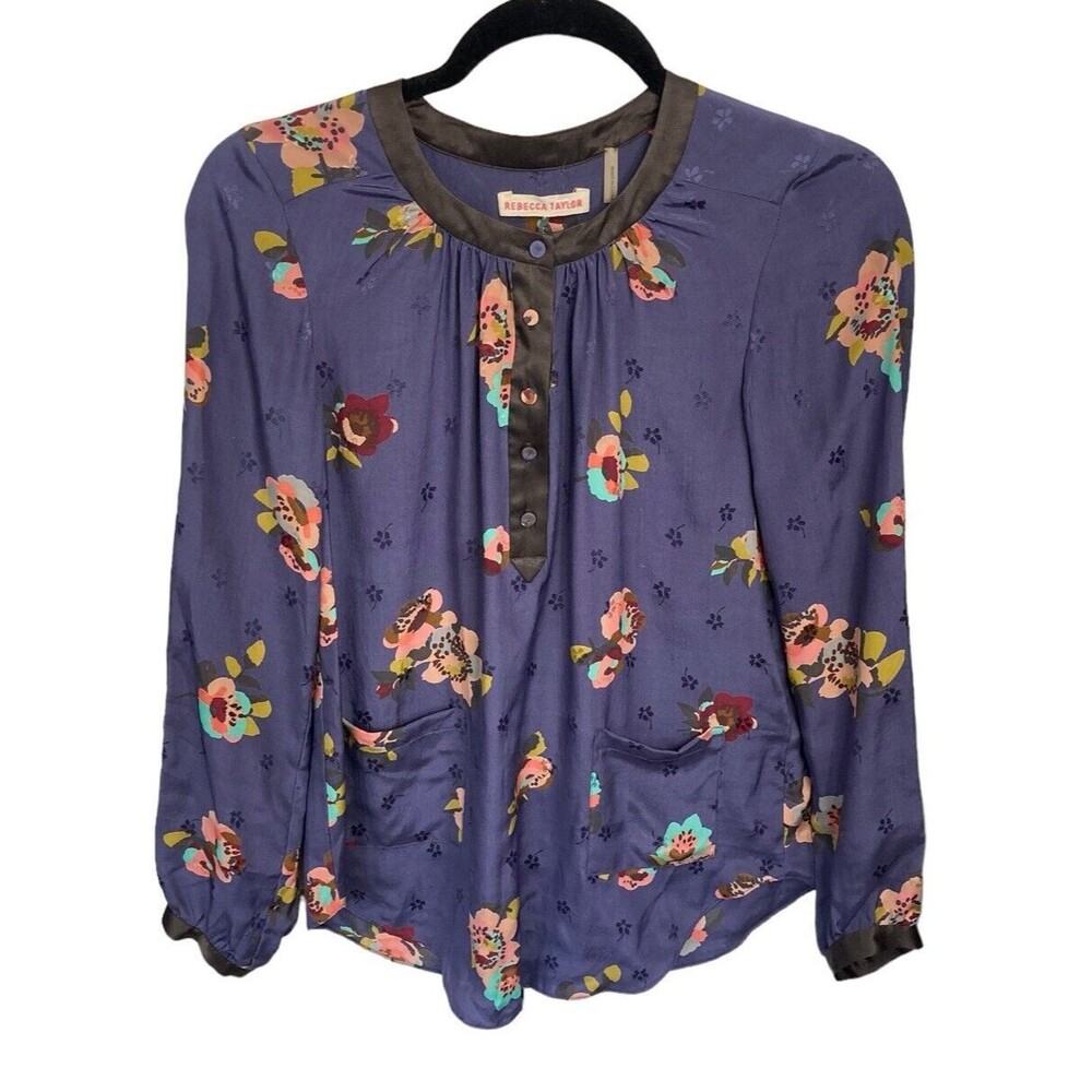 Rebecca‎ Taylor Silk Blouse Size 2 Purple Floral Buttons